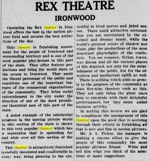 Rex Theatre - REVIEW IN WAKEFIELD NEWS JUN 11 1927